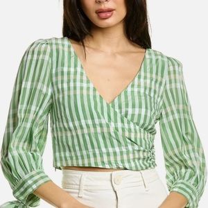 Cinq a Sept Flora Gingham Wrap Top Tie Sleeve Blouse Green NWT-‎ L